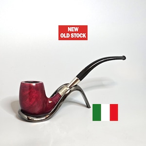 BREBBIA FIRST Gala Golden 982: Unsmoked/New Old Stock! 70s-90s Italian Vintage Cross Grain Briar Bent Billiard w/Silver Spigot Tobacco Pipe