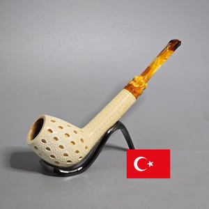 TEKIN (Tekin Uzkesici): Nice+/Clean! 2000s Turkish Vintage Estate Whole Block Meerschaum Lattice Straight Canted Long Liverpool Tobacco Pipe