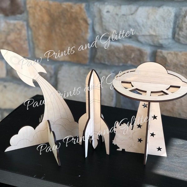 3D Rocket and Alien Ship Set, SVG Laser Cut Glowforge Files, 3, 4, 5mm versions all included - INSTANT DOWNLOAD