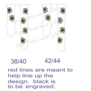 May include: A design template for watch bands, featuring a series of light pink outlines with a floral pattern. The text includes sizes 38/40 and 42/44, along with instructions about red lines and engraving.