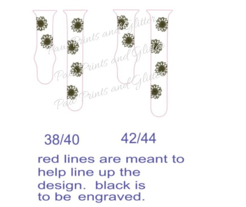 May include: A design template for watch bands, featuring a series of light pink outlines with a floral pattern. The text includes sizes 38/40 and 42/44, along with instructions about red lines and engraving.