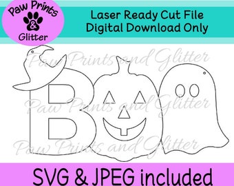 BOO Halloween Hexe Kürbis Geist Tür Aufhänger Glowforge Laser bereit SVG JPEG-Datei
