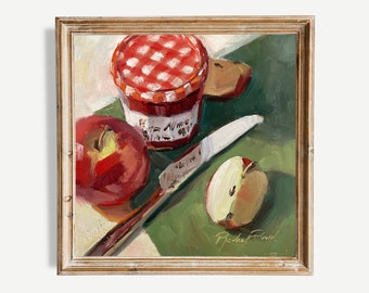 Pommes rouges avec pot de gelée Vichy Peinture à l'huile ORIGINALE - Nature morte - Petite - Cadeau