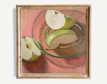 Green Apples on Pink Table ORIGINAL Oil Painting - Still Life - Small - Gift