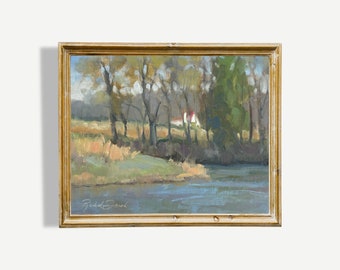 Lake House with Spring Trees ORIGINAL Oil Painting - Landscape - Small - Gift