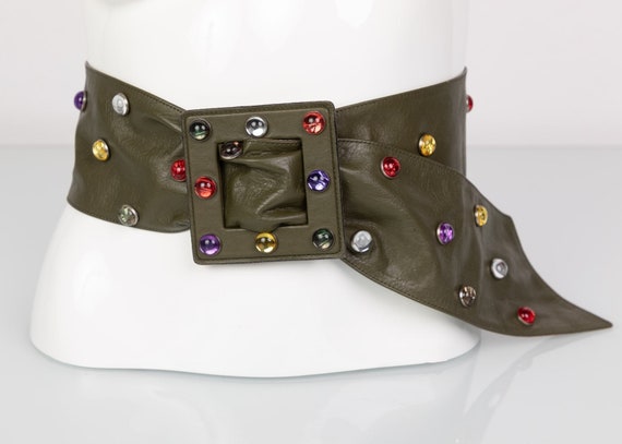 Saint Laurent Olive Green Wide Leather Jewel Belt