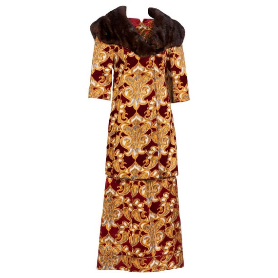 Galanos Couture Red Gold Velvet Fur Trimmed Coat &