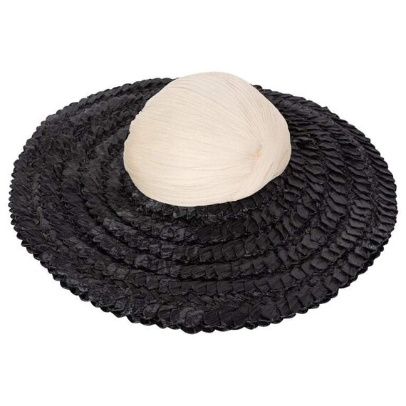 Galanos Couture Ivory Silk Black Raffia Hat