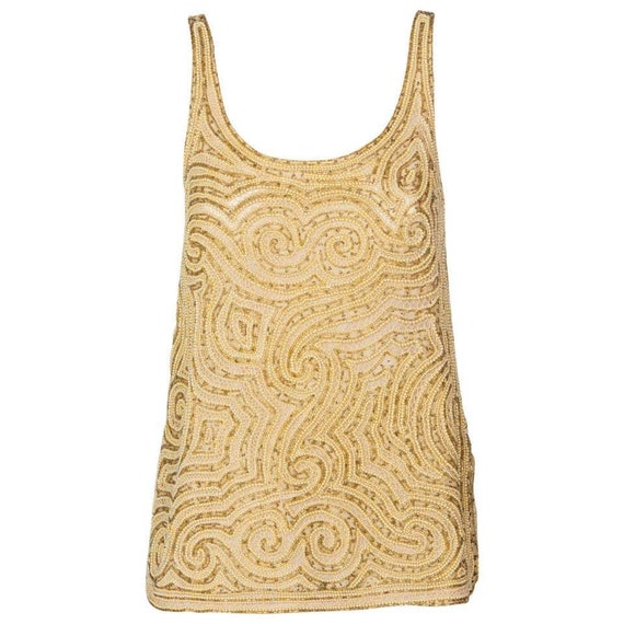 1970s Halston Beaded & Gold Pearl Organza Sleevele