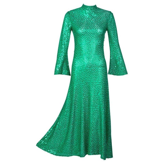 Mollie Parnis Emerald Green Mock Neck Sequin Dress