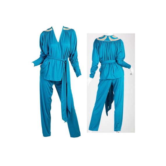 1970s Bill Tice Turquoise & Gold Gathered Jersey D