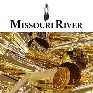 May include: A close-up shot of a collection of gleaming, gold-coloured metal objects. The objects are cylindrical with a flared opening. The text "MISSOURI RIVER" is at the top, with a feather graphic above the text.