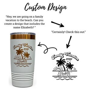 May include: A white travel tumbler with a gold rim and a beach-themed design. The design includes palm trees, the words "Family Vacation 2025", and the name "Elizabeth". The tumbler has horizontal stripes near the base.
