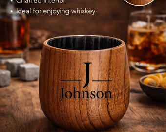 Personalized Christmas Gifts for Dad, Charred Oak Whiskey Cup, Wooden Bourbon Glass, Whiskey Tumbler, Christmas Gift for Him, Bourbon Cup