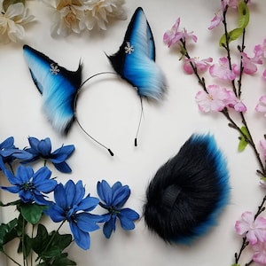 Bunny set / Cosplay ear and tail accessories with squeaker and snowflake earrings