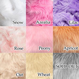 May include: A grid of nine squares displaying faux fur fabric swatches in various colors labeled Snow, Azealia, Lilac, Rose, Peony, Apricot, Oat, Wheat, and a gray swatch labeled SOLD OUT. Each square shows the texture and color of the fur.