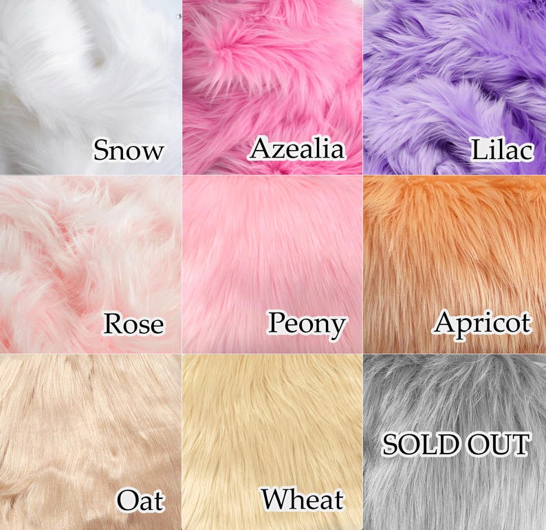 May include: A grid of nine squares displaying faux fur fabric swatches in various colors labeled Snow, Azealia, Lilac, Rose, Peony, Apricot, Oat, Wheat, and a gray swatch labeled SOLD OUT. Each square shows the texture and color of the fur.