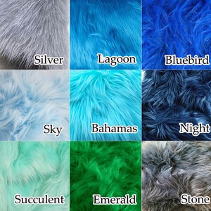 May include: A grid of nine swatches of long-pile faux fur in various colors. The colors are labeled as Silver, Lagoon, Bluebird, Sky, Bahamas, Night, Succulent, Emerald, and Stone. Each square displays the texture and shade of the synthetic fabric.