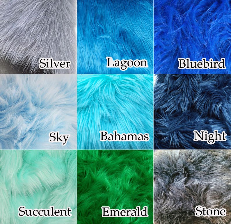 May include: A grid of nine swatches of long-pile faux fur in various colors. The colors are labeled as Silver, Lagoon, Bluebird, Sky, Bahamas, Night, Succulent, Emerald, and Stone. Each square displays the texture and shade of the synthetic fabric.