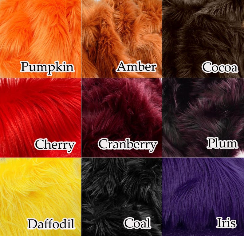 May include: A grid of nine swatches of long-pile faux fur in various colors, each labeled with text: Pumpkin, Amber, Cocoa, Cherry, Cranberry, Plum, Daffodil, Coal, and Iris. The textures are dense and shaggy, displaying a vibrant color palette.