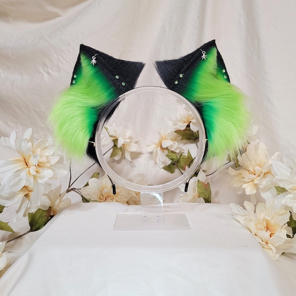 Green Forest Cat Animal Ears / Kawaii Cute Adult Anime Costume Cosplay Ears on Headband Accessories / Handmade Faux Fur Petplay Ears