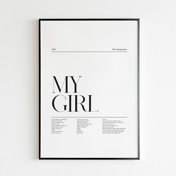 MY GIRL | Love Song, Lyrics Print, Song Lyrics, Song Print, Gift, Wall Art, Lyrics Print Gift, A5 A4 A3