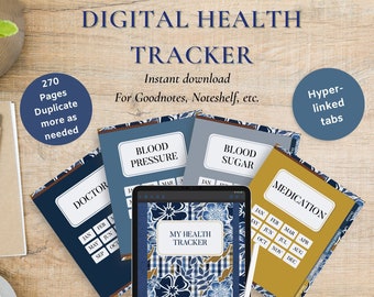 May include: A digital health tracker with five different tabs: Doctor, Blood Pressure, Blood Sugar, Medication, and My Health Tracker. The tabs are blue, grey, and yellow with a floral pattern. The text "Digital Health Tracker" is in large, white letters at the top of the image. The text "Instant download" is below the title. The text "For Goodnotes, Noteshelf, etc." is below the download text. The text "Hyper-linked tabs" is in the upper right corner of the image.