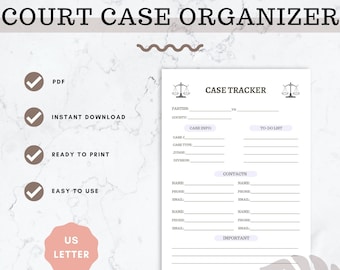 May include: Printable court case organizer tracker with sections for parties, case info, to-do list, contacts, and important notes. The document is in US letter size.