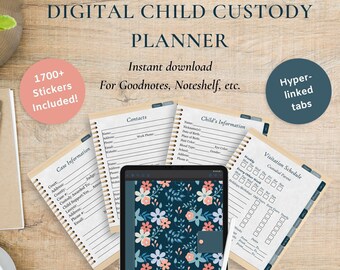 Könnte beinhalten: Digitaler Planer für das Sorgerecht für Kinder mit über 1700 Stickern. Der Planer enthält Abschnitte für Fallinformationen, Kontakte, Informationen zum Kind und einen Besuchszeitplan. Der Planer ist für die Verwendung mit digitalen Notiz-Apps wie Goodnotes und Noteshelf konzipiert. Der Planer verfügt über hyperverlinkte Registerkarten für eine einfache Navigation.