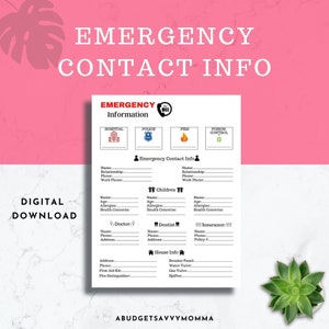 Emergency Contact Info | In Case of Emergency Printable | Emergency Info for Nanny | Emergency Contact Form | Emergency Form