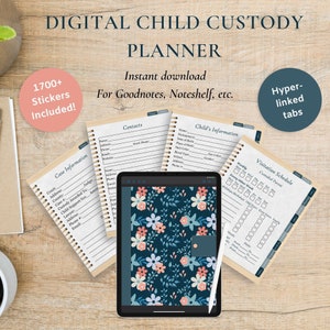 May include: Digital planner for child custody with 1700+ stickers included. The planner has sections for case information, contacts, child's information, and a visitation schedule. The planner is designed for use with digital note-taking apps like Goodnotes and Noteshelf. The planner has hyperlinked tabs for easy navigation.