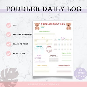 Toddler Daily Log: Daily Log for Daycare, Babysitter, Nanny | Printable Daycare Log | Nanny Log | Daycare Forms | Childcare Log | Childcare