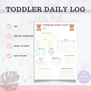 Toddler Daily Log: Daily Log for Daycare, Babysitter, Nanny | Printable Daycare Log | Nanny Log | Daycare Forms | Childcare Log | Childcare