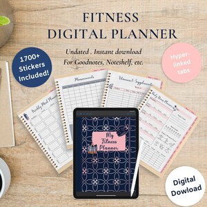Könnte beinhalten: Ein digitaler Fitness-Planer mit einem blauen und rosafarbenen Blumenmuster. Der Planer enthält Abschnitte für wöchentliche Speisepläne, Messungen, Vitamine und Nahrungsergänzungsmittel sowie die tägliche Fitness-Verfolgung. Der Planer ist undatiert und enthält über 1.700 Sticker. Der Text "My Fitness Planner" befindet sich auf dem Cover.