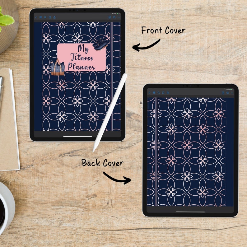 May include: A digital planner with a navy blue background and a white geometric pattern. The front cover has a pink rectangle with the text "My Fitness Planner". The back cover has the same pattern as the front cover.