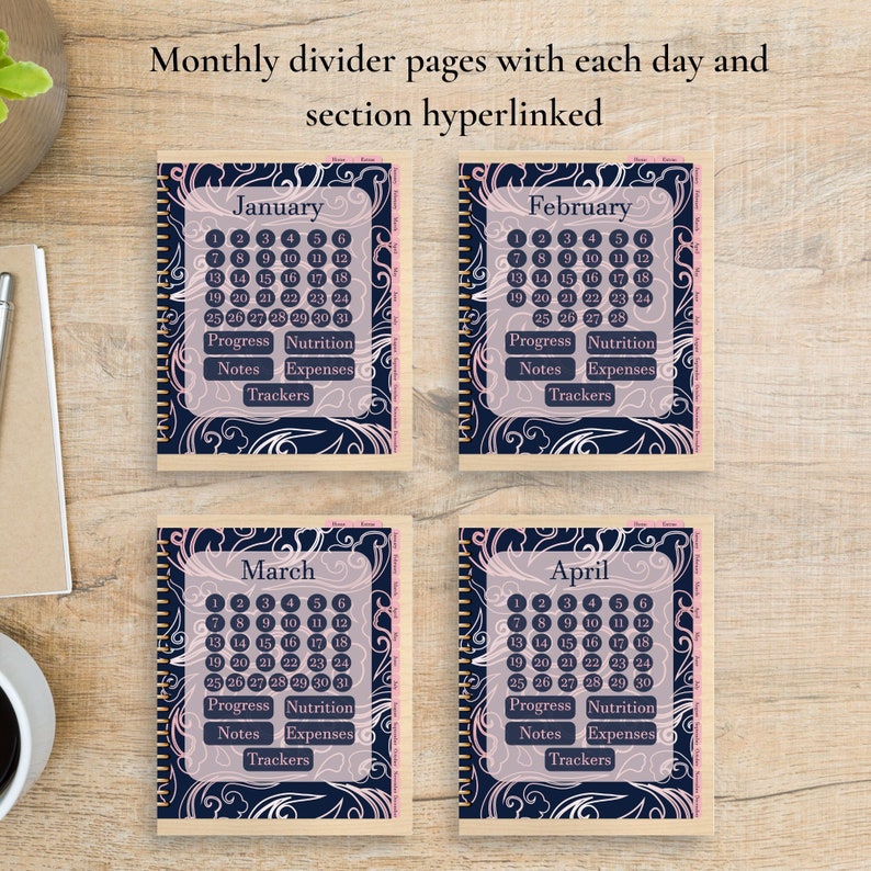 May include: Four printable monthly calendar divider pages with a dark blue background and white swirls. Each page features a month title, a calendar grid with numbers, and sections for progress, notes, nutrition, expenses, and trackers.