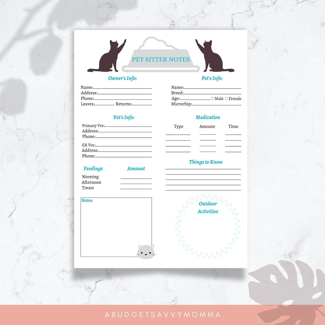 Pet Sitter Notes | Printable for Pet Sitting | Cat Sitter Notes ...