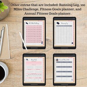 May include: Four digital planners on a wooden surface. The planners are for fitness goals, running logs, and a 100-mile challenge. The planners have a pink and beige color scheme with blue accents.