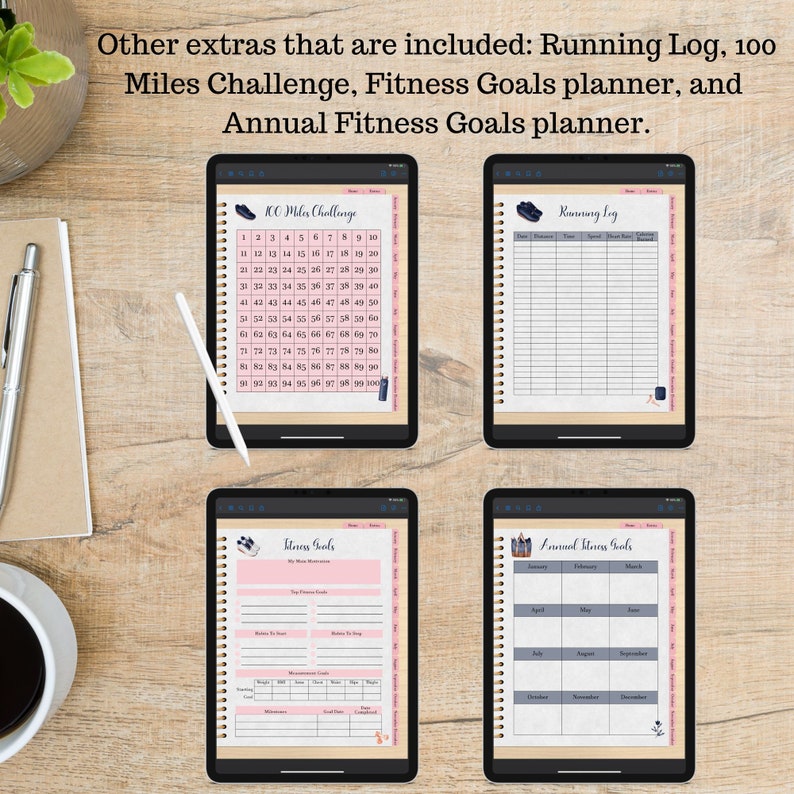 May include: Four digital planners on a wooden surface. The planners are for fitness goals, running logs, and a 100-mile challenge. The planners have a pink and beige color scheme with blue accents.