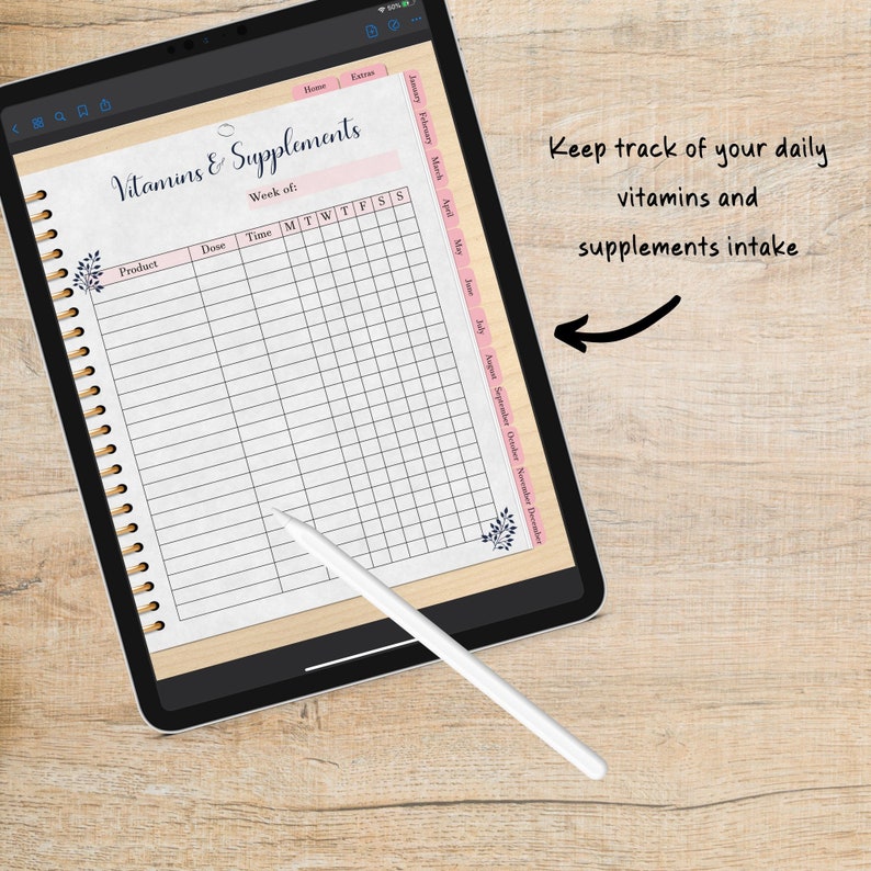 May include: A digital planner page with a floral design and a table to track daily vitamins and supplements intake. The table includes columns for product, dose, time, and days of the week.
