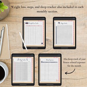 May include: Four digital planners on a wooden surface. Each planner has a different theme: weight loss, steps, sleep, and fitness expenses. The planners are designed to help users track their progress towards their fitness goals.