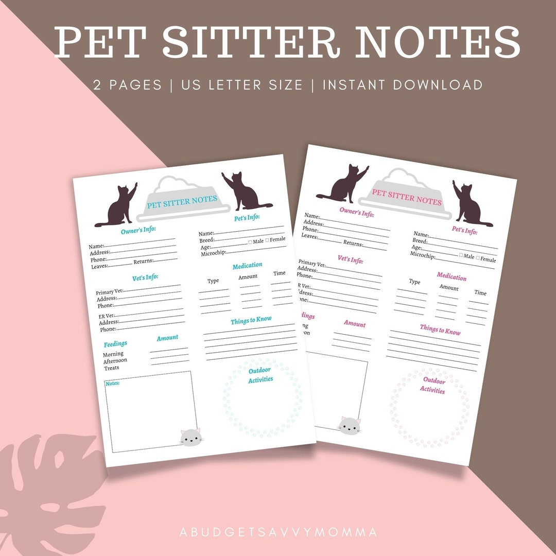 Pet Sitter Notes | Printable for Pet Sitting | Cat Sitter Notes ...