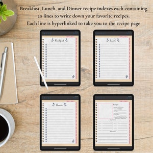 May include: Four digital tablet screens showing a recipe index template. The screens are labeled "Breakfast", "Lunch", "Dinner", and "Recipe". Each screen has 20 lines for writing down recipes.