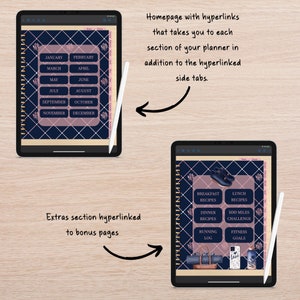 May include: A digital planner on a tablet screen with a blue and pink color scheme. The planner has a monthly calendar, a section for meal planning, and a section for fitness goals. The planner is designed to be used with a stylus.