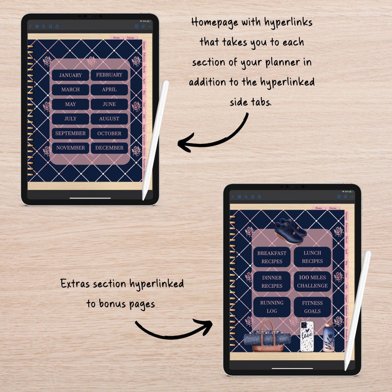 May include: A digital planner on a tablet screen with a blue and pink color scheme. The planner has a monthly calendar, a section for meal planning, and a section for fitness goals. The planner is designed to be used with a stylus.
