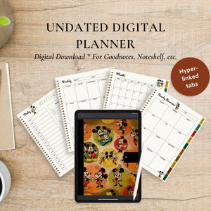 May include: Undated digital planner with Mickey Mouse themed tabs. The planner includes daily, weekly, monthly, and yearly overview pages. The planner is compatible with Goodnotes and Noteshelf.