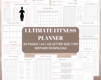 May include: A printable fitness planner with 35 pages, including a daily planner, food journal, monthly planner, period tracker, fitness goals, body measurements tracker, meal planning ideas, habit tracker, progress tracker, grocery list, and more. The planner is available in A4 and US Letter size.