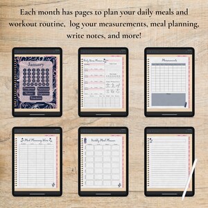 May include: Six digital planner pages with a blue and pink floral design. The pages include a calendar, daily meal planner, weekly meal planner, measurements log, meal planning ideas, and a notes page.