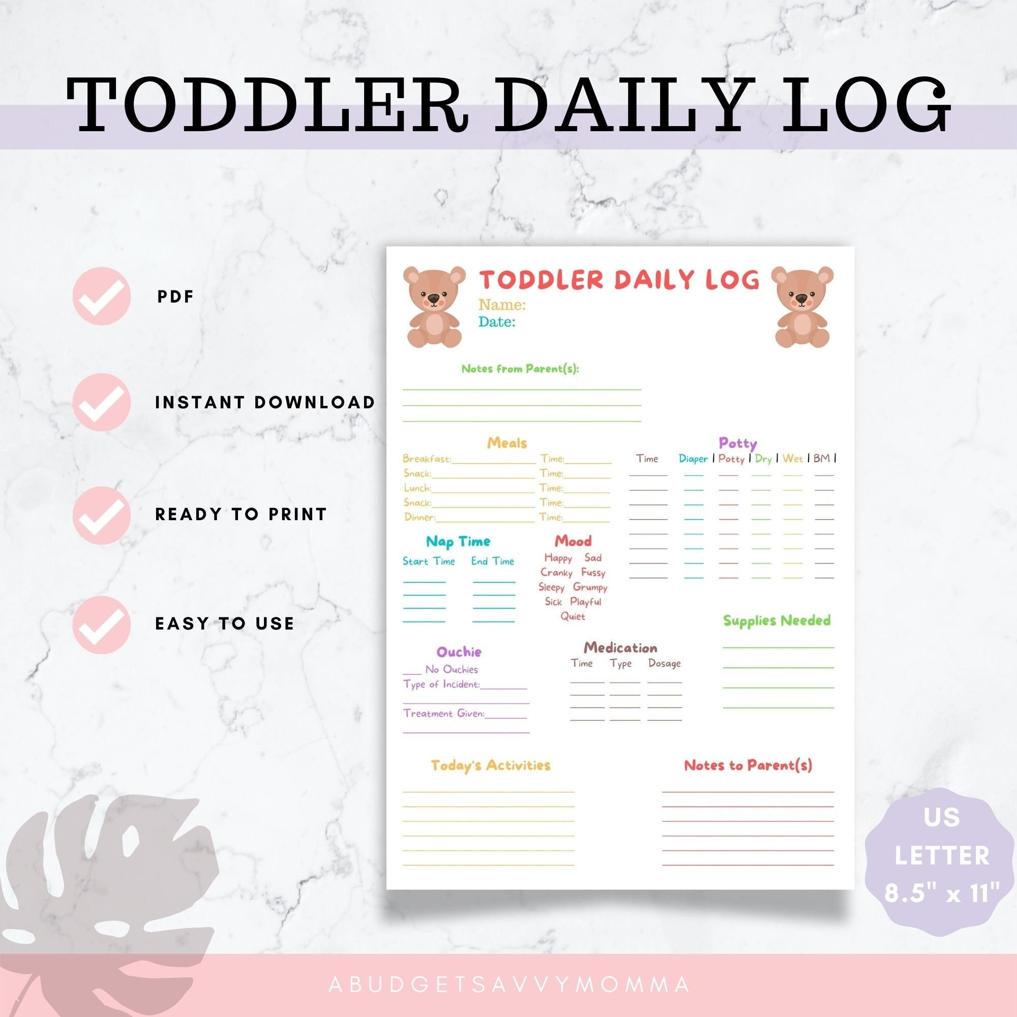 Toddler Daily Log: Daily Log for Daycare, Babysitter, Nanny | Printable Daycare Log | Nanny Log ...