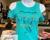 Little Girl 39 s Elephant Graphic Tee, Rainbow Holographic Elephant Shirt, Back to School T-Shirt, Raw Edge Cold Shoulder Shirt
